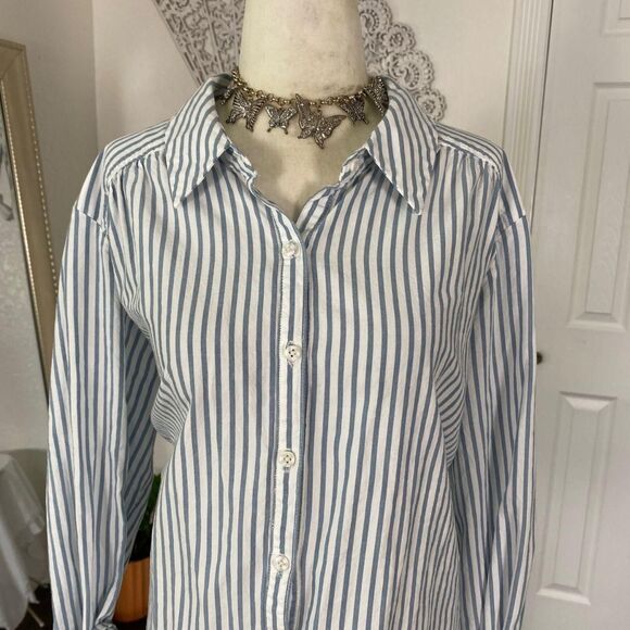 Ingrid Isabel Cotton Rayon Blend Blue White Preppy Striped Button Up Blouse  L - Picture 4 of 8